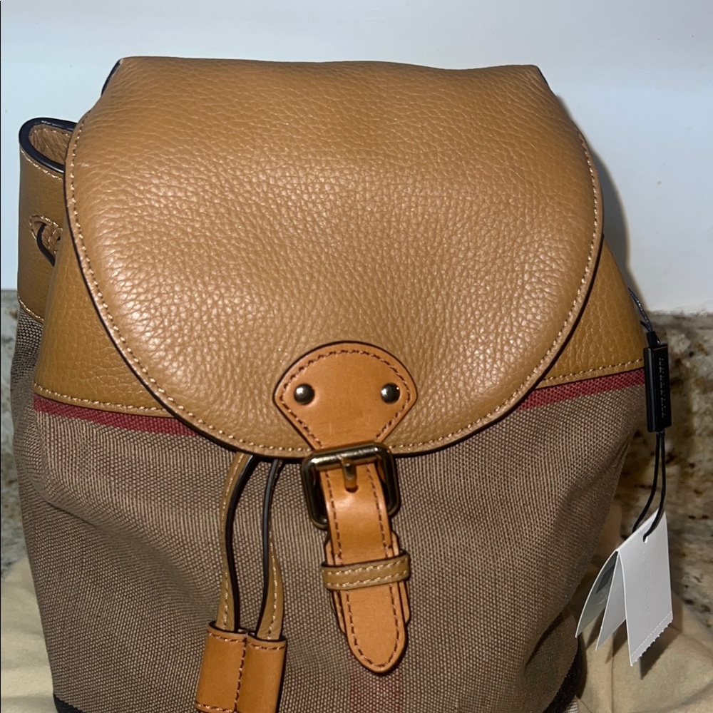 Burberry Tan & Brown Canvas Drawstring Backpack with Leather Trim - Picture 2 of 7